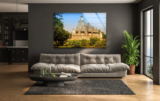 Glimpses of the ancient Indian city seem to shift and flow within the layered design of this India Khajuraho ancient city glass art painting.
