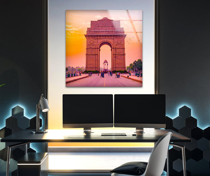India Gate Glaswandkunst – Atemberaubender Blick auf das Wahrzeichen Delhis bei Sonnenuntergang