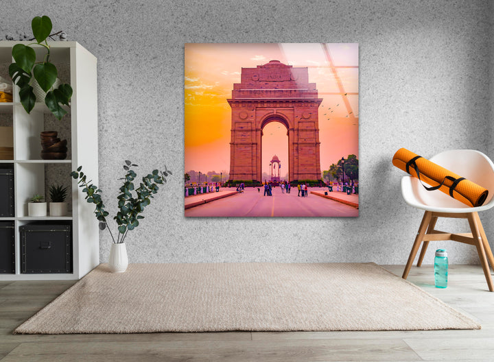 India Gate Glaswandkunst – Atemberaubender Blick auf das Wahrzeichen Delhis bei Sonnenuntergang