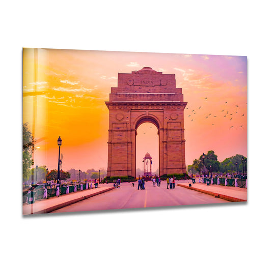 Exploring the depth and layers of India Gate, this glass wall art captures the monument's iconic view with stunning sunset hues and detailed wall prints.