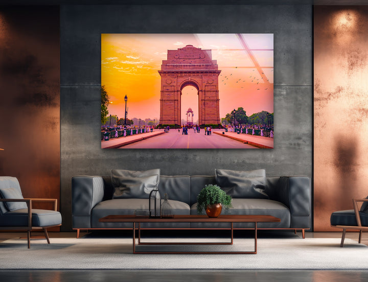 India Gate Glaswandkunst – Atemberaubender Blick auf das Wahrzeichen Delhis bei Sonnenuntergang