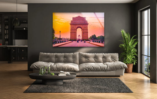 Featuring a sleek, high-gloss finish, this India Gate glass print wall art captures a stunning sunset view with vibrant reflections that enhance its print wall art appeal.