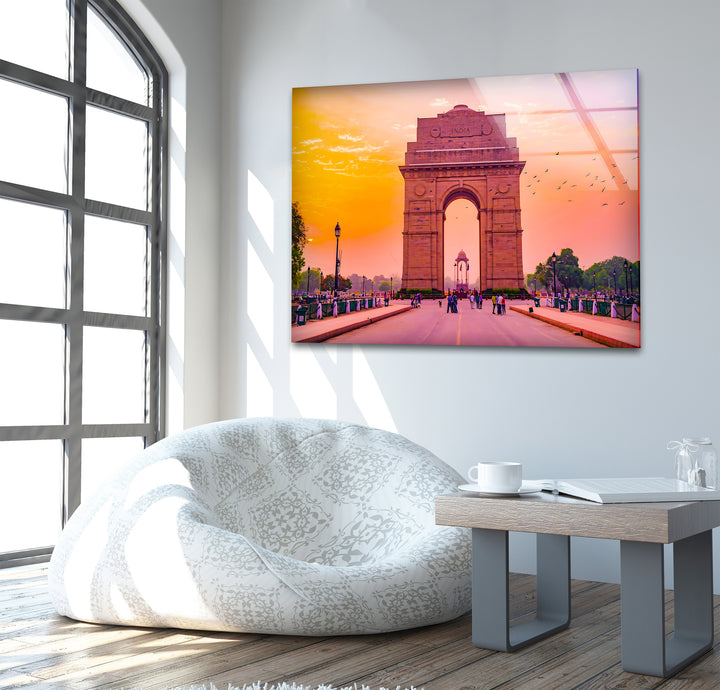 India Gate Glaswandkunst – Atemberaubender Blick auf das Wahrzeichen Delhis bei Sonnenuntergang