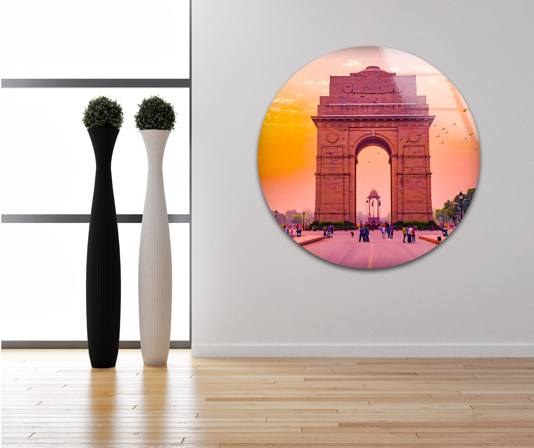 India Gate Glaswandkunst – Atemberaubender Blick auf das Wahrzeichen Delhis bei Sonnenuntergang