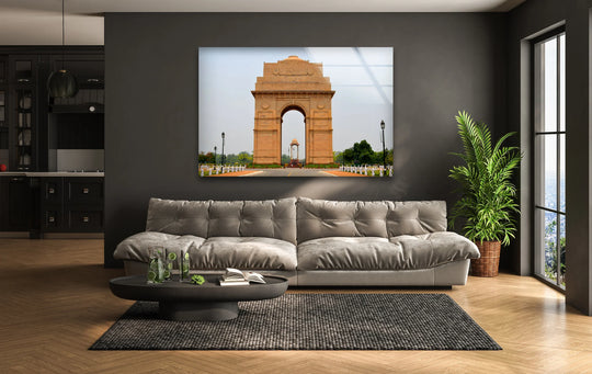 Angular lines define the India Gate on this print wall art, contrasting with the soft curves of the arch and distant cupola.