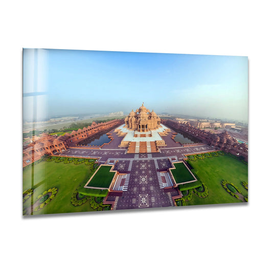 Showcasing the layering effect, this Akshardham Temple aerial view glass wall art features intricate designs through high-quality glass printing, capturing breathtaking architectural details.