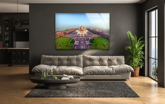 Seamlessly blending blues in the sky above the Akshardham Temple aerial view with greens below, this hanging wall art offers breathtaking beauty.