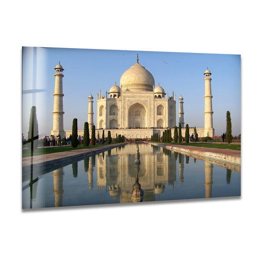 Highlighting the layering effect, the Taj Mahal reflection is beautifully showcased in this majestic moment art from glass, creating a stunning dimensional wall art piece.