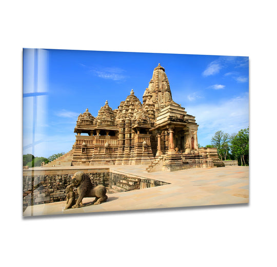 The rough surface texture of the tempered glass wall art emphasizes the intricate details of the ancient Khajuraho temples' architecture.