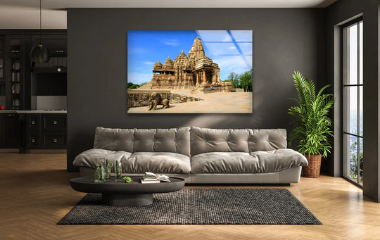 High-quality glass showcases the Khajuraho Temples' ancient architecture, creating a stunning decorative wall art piece with exceptional clarity and depth.