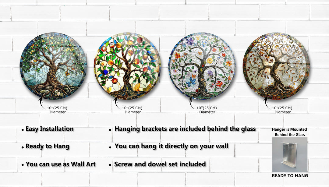 Colorful Mosaic Tree of Life Round Glass Wall Art Set – Boho Nature-Inspired Decor