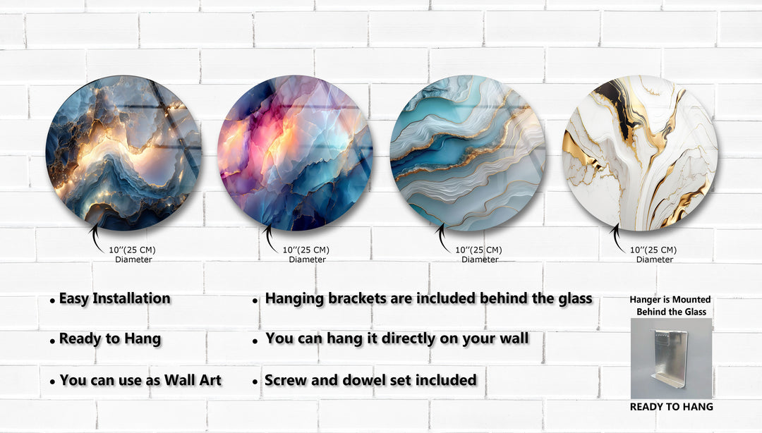 Ethereal Gemstone Round Glass Wall Art Set – Abstract Agate Elegance