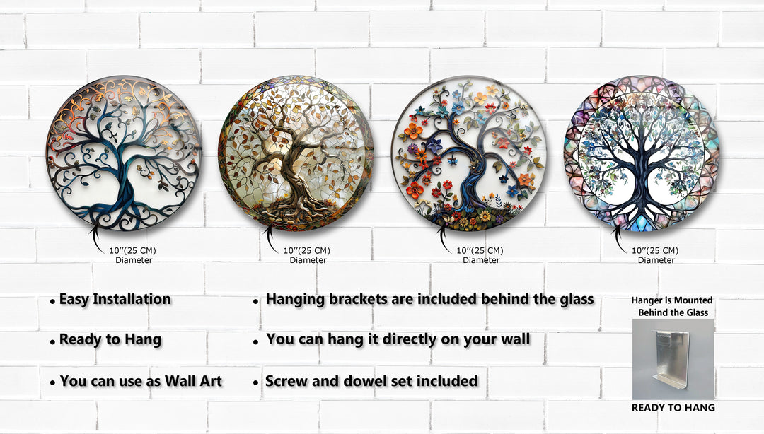 Mosaic Tree of Life Round Glass Wall Art Set – Nature-Inspired Glass Decor