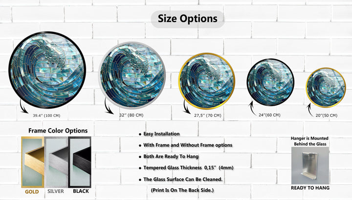 Ocean Wave in Blue Mosaic Round Glass Wall Art - MyPhotoStation