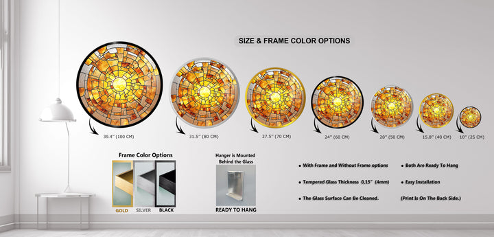 Amber Solar Burst – Round Glass Wall Art
