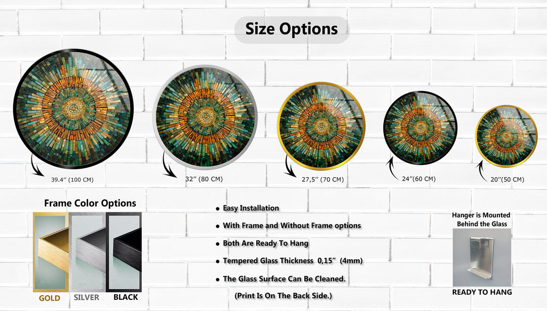 Golden Horizon – Emerald & Amber Mosaic Round Glass Wall Art