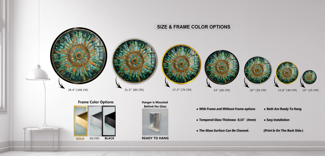 Golden Horizon – Emerald and Amber Mosaic Round Glass Wall Art