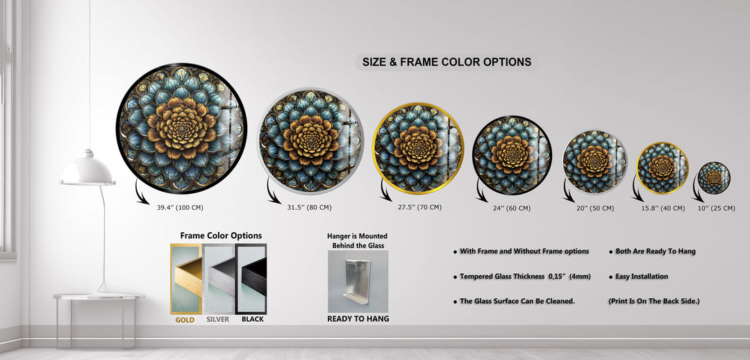 Golden Mandala Bloom – Round Glass Wall Art