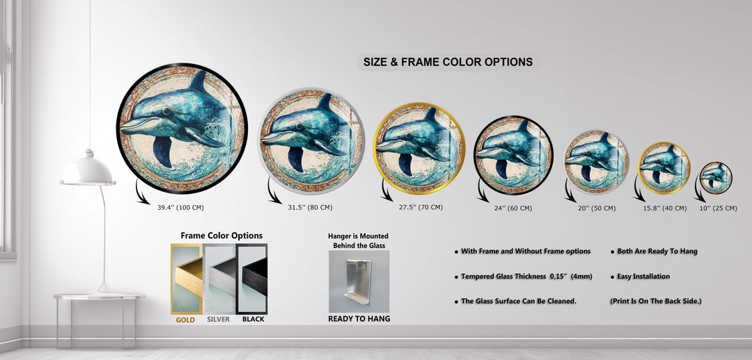 Cerulean Joy Dolphin – Round Glass Wall Art