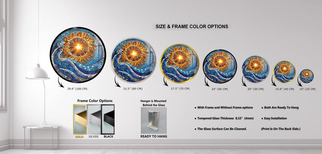 Solar Flow – Blue and Gold Mosaic Round Glass Wall Art