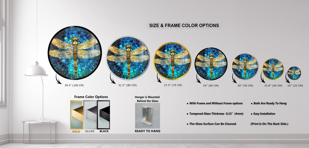 Golden Serenity – Dragonfly Mosaic Round Glass Wall Art