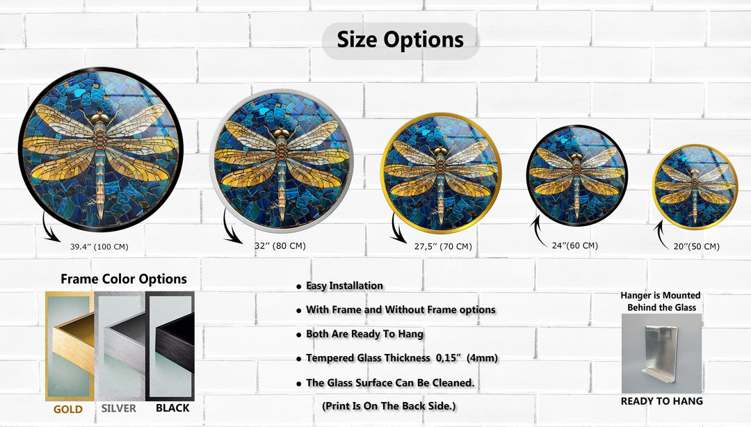 Golden Dragonfly – Blue Mosaic Round Glass Wall Art