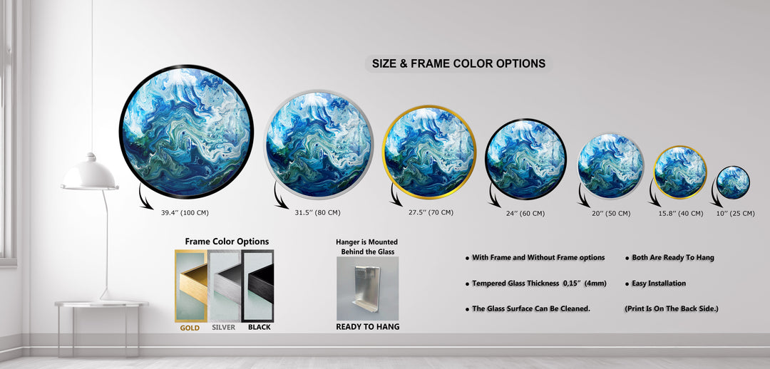 Ocean Veins – Blue Abstract Fluid Round Glass Wall Art