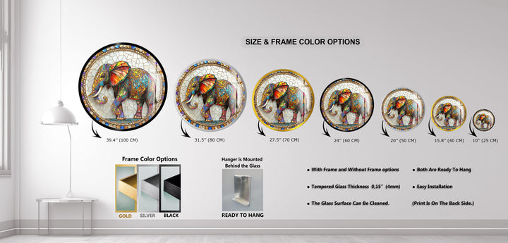 Regal Mosaic Elephant – Round Glass Wall Art