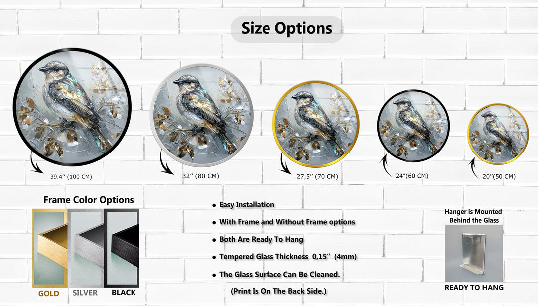 Golden Serenity – Crystal Bird Round Glass Wall Art