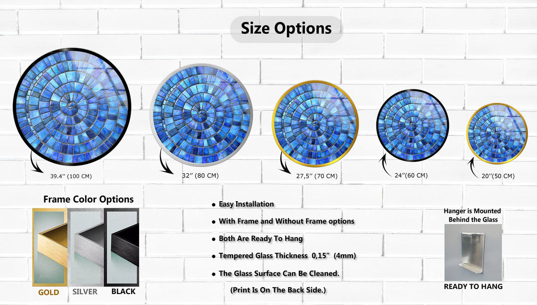 Ocean Spiral – Blue Mosaic Round Glass Wall Art - MyPhotoStation
