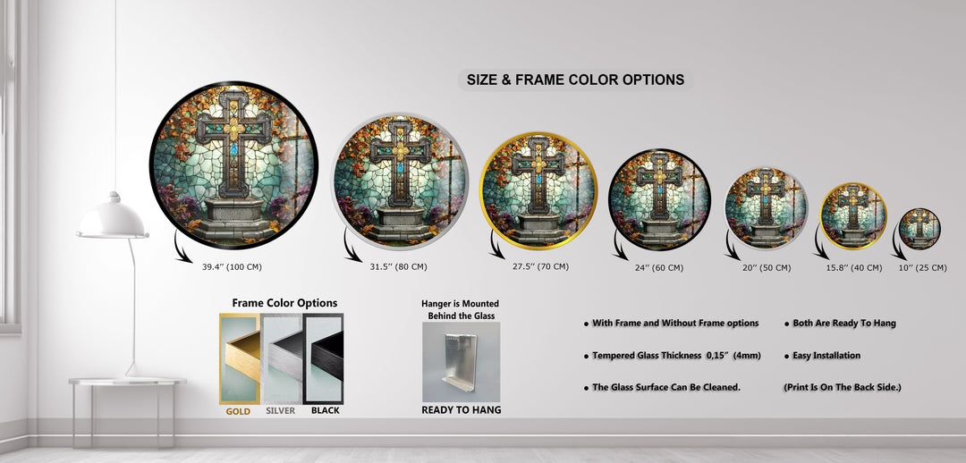 Stained Glass Cross Garden Scene – Round Glass Wall Art