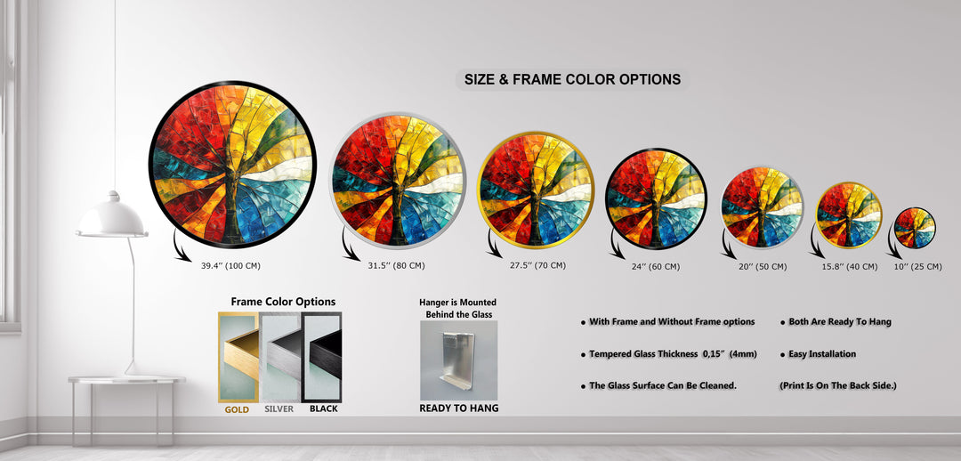 Chromatic Bloom – Multicolor Abstract Tree Round Glass Wall Art