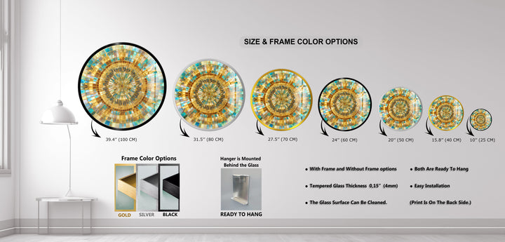 Radiant Gold and Aqua – Mandala Round Glass Wall Art