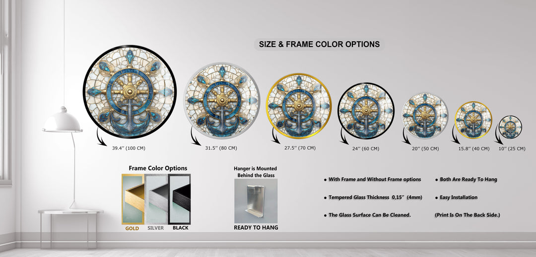 Golden Helm & Anchor Harmony – Round Glass Wall Art