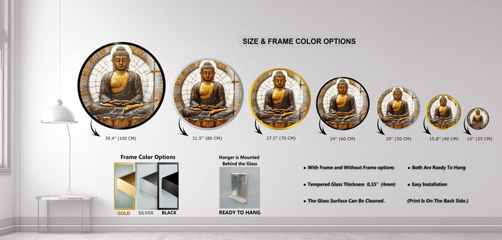 Golden Buddha Mosaic Serenity – Round Glass Wall Art