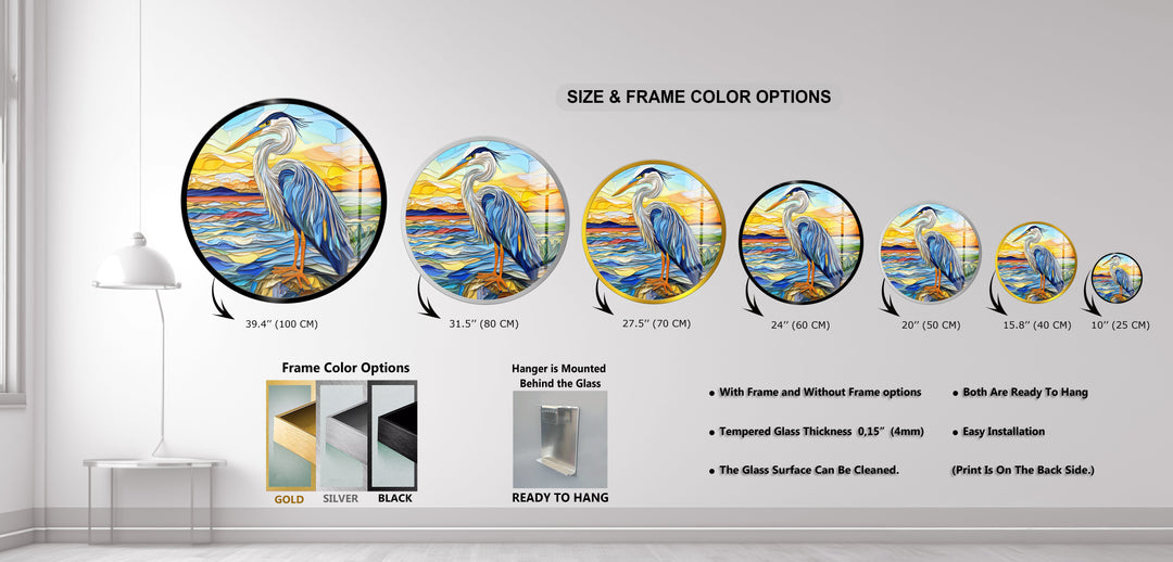 Blue Heron at Dusk – Round Glass Wall Art