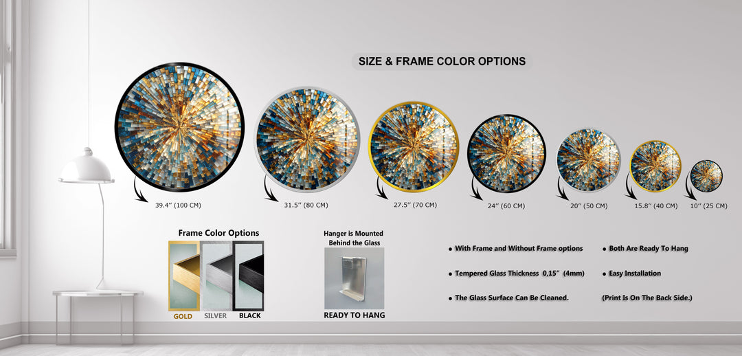 Golden Radiance Spiral  – Round Glass Wall Art