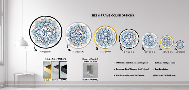 Blue Mandala Eid Greeting – Arabic Round Glass Wall Art