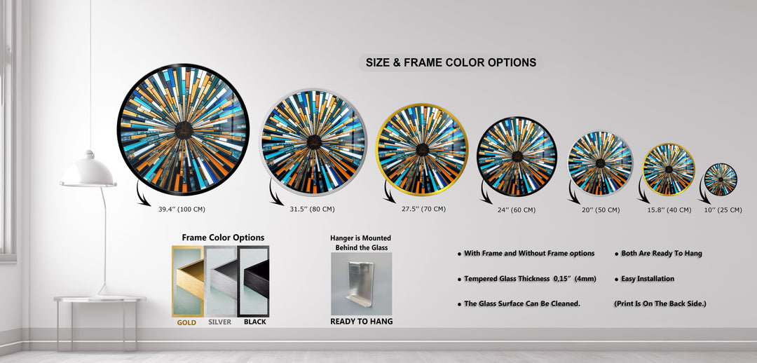 Solar Flare – Blue and Gold Geometric Mosaic Round Glass Wall Art