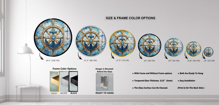 Nautical Helm & Anchor – Round Glass Wall Art
