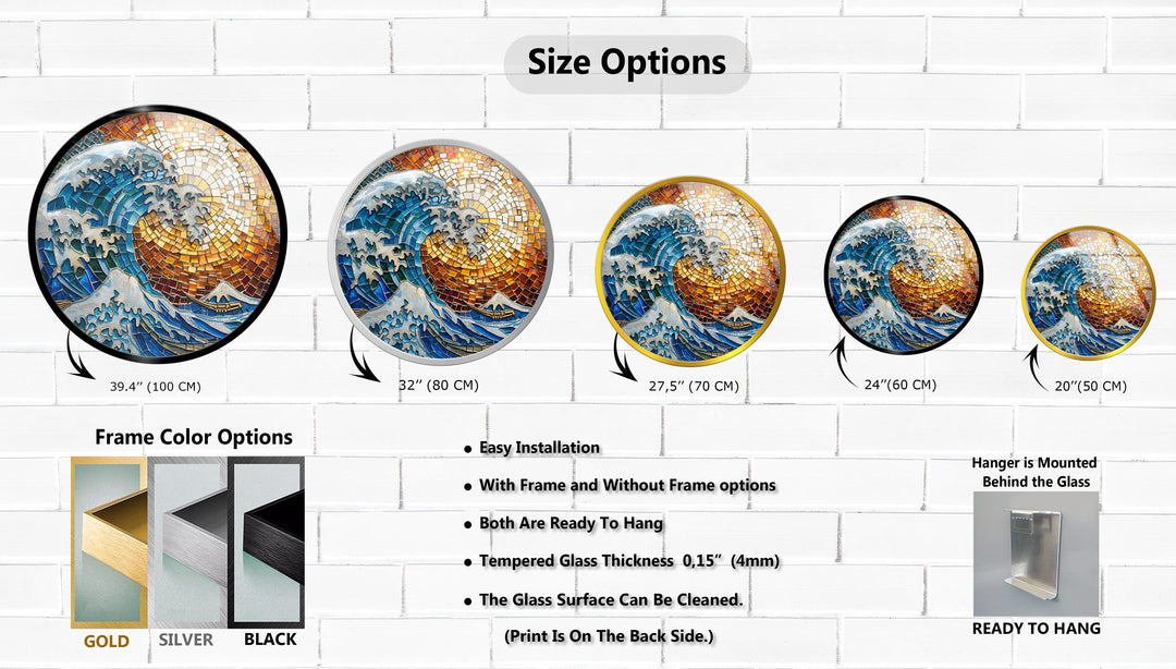 Golden Wave – Mosaic Ocean Round Glass Wall Art