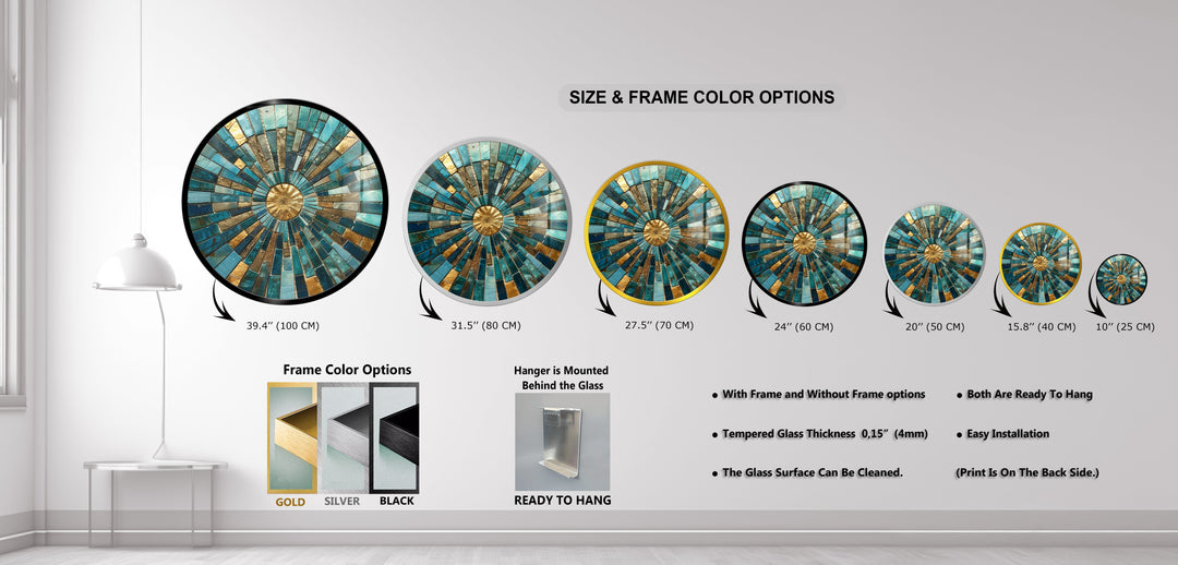 Golden Horizon – Turquoise Mosaic Round Glass Wall Art
