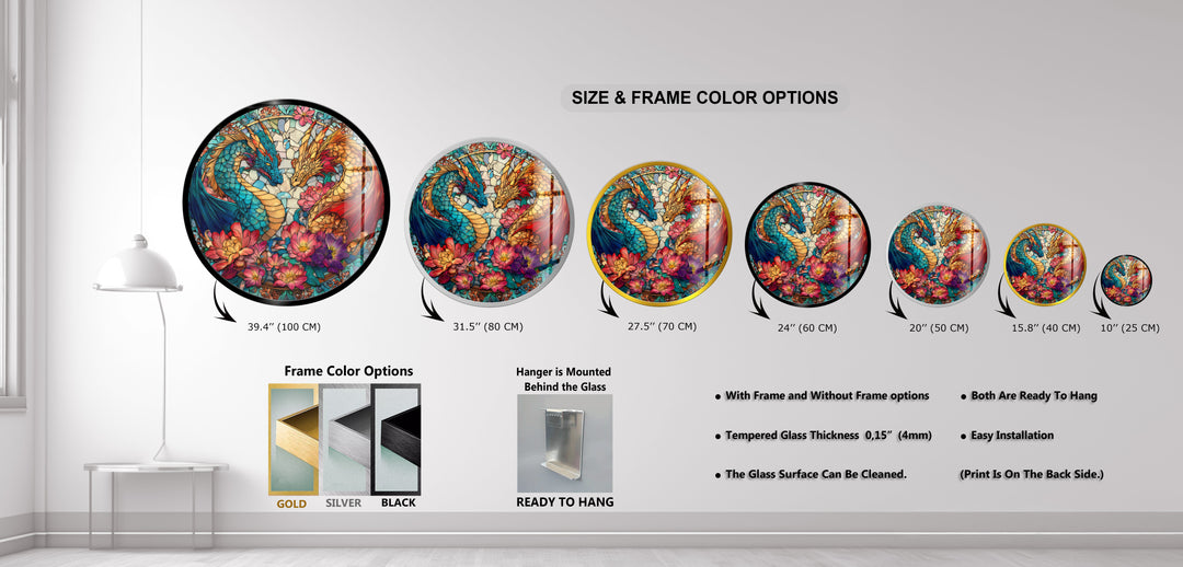 Dual Dragon Stained – Round Glass Wall Art