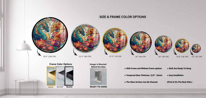 Dual Dragon Stained – Round Glass Wall Art