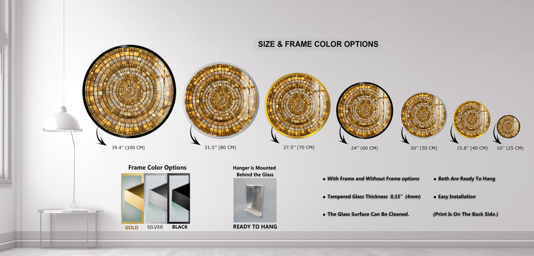 Golden Shimmering Mosaic – Round Glass Wall Art