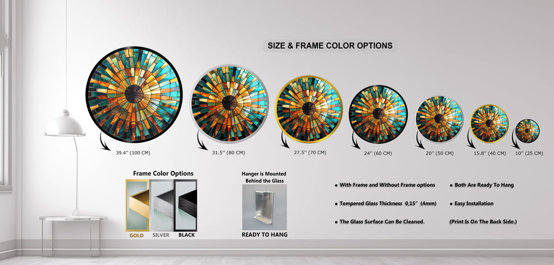 Radiant Sunburst – Golden Mosaic Round Glass Wall Art