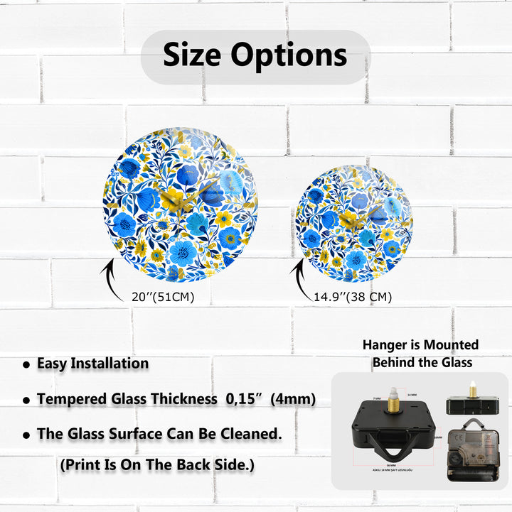Blue and Yellow Floral Glass Wall Clock – Botanical Decor