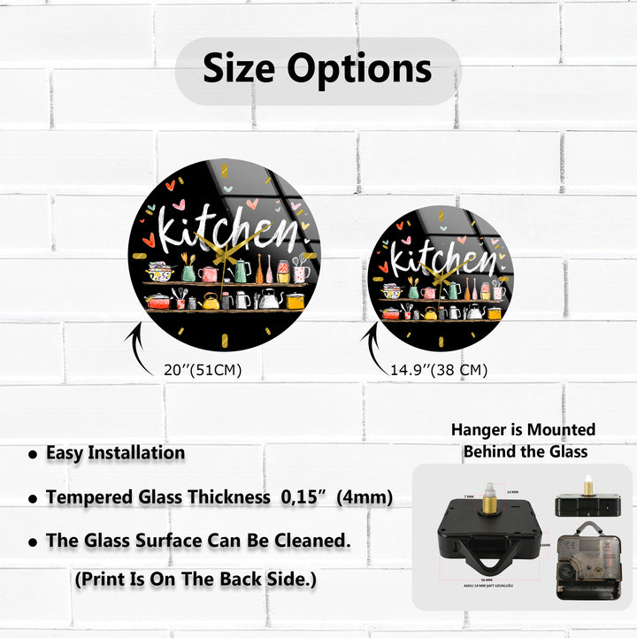 Cute Kitchen Glass Wall Clock – Colorful Cooking Utensils Decor