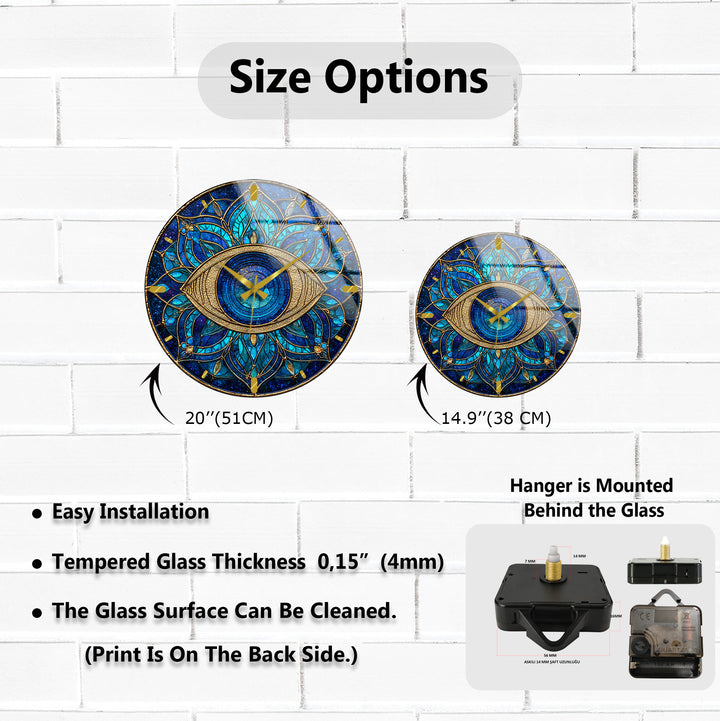 Evil Eye Glass Wall Clock – Blue Mandala Wall Decor