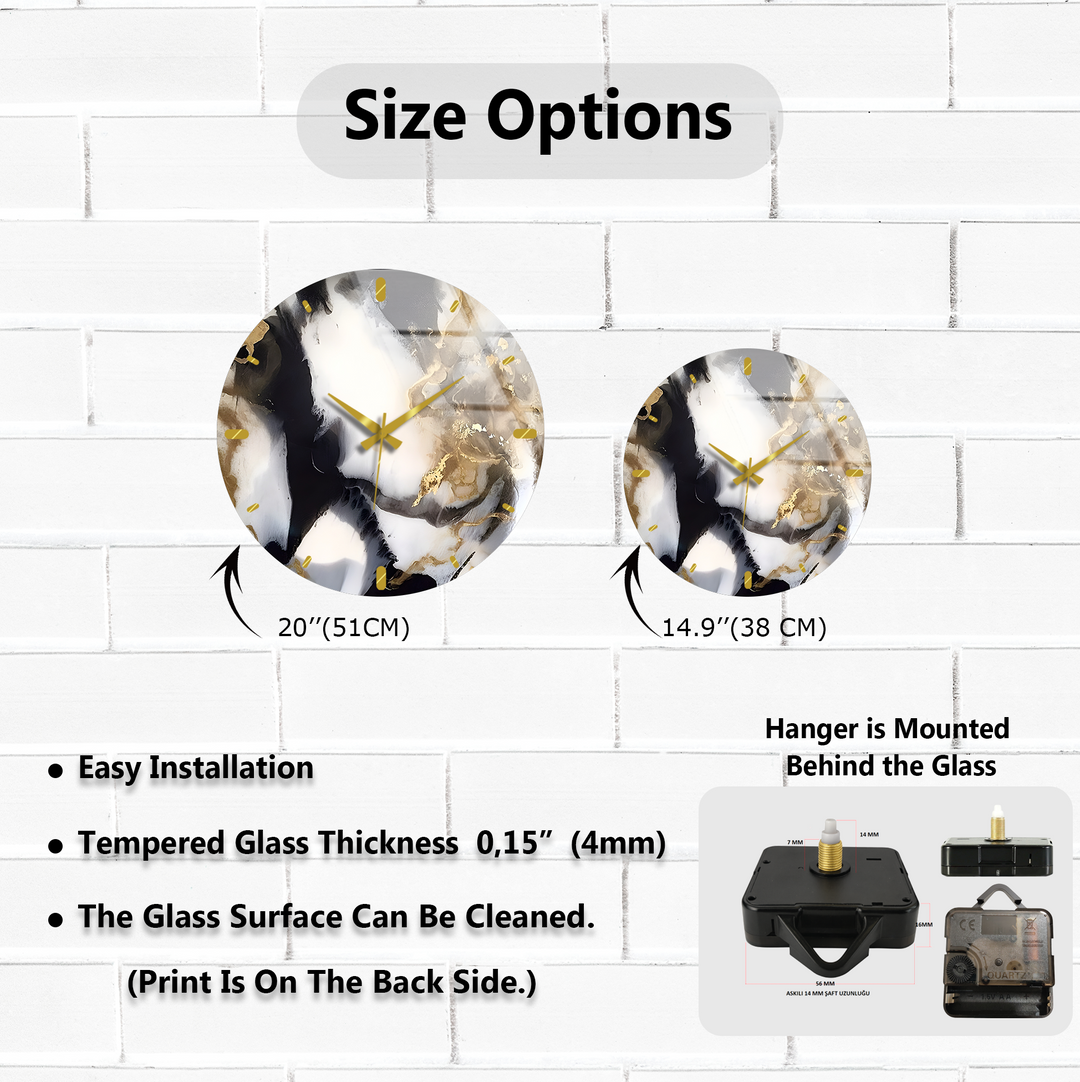 Black and Gold Marble Glass Wall Clock – Abstract Luxury Decor